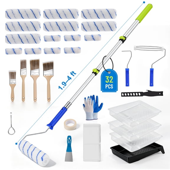 Doulami 32PCS Paint Roller Kit with Extension Pole, 1.9 to 4 Ft Pole, 4"9" Paint Rollers, Paint Brushes Set for Professional Painting,House Paint Roller for All Latex and Oil Paints & Stains