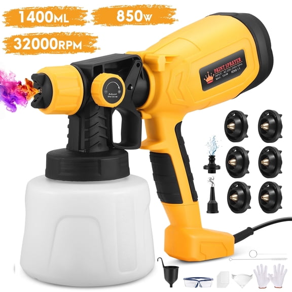 RELOIVE 850W Paint Sprayer, Electric HVLP Spray Gun, 1400ml 32K RPM, 6 Nozzles 3 Patterns, Indoor/Outdoor, Yellow