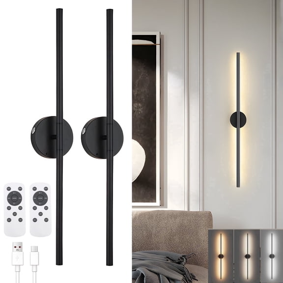 RELOIVE Battery Operated Wall Sconces Set of 2,8000mAh 28 inch Rechargeable Wall Lights with Remote Control, 360° Rotate Wireless Wall Scone Decor for TV/Mirror Bedroom Living Room