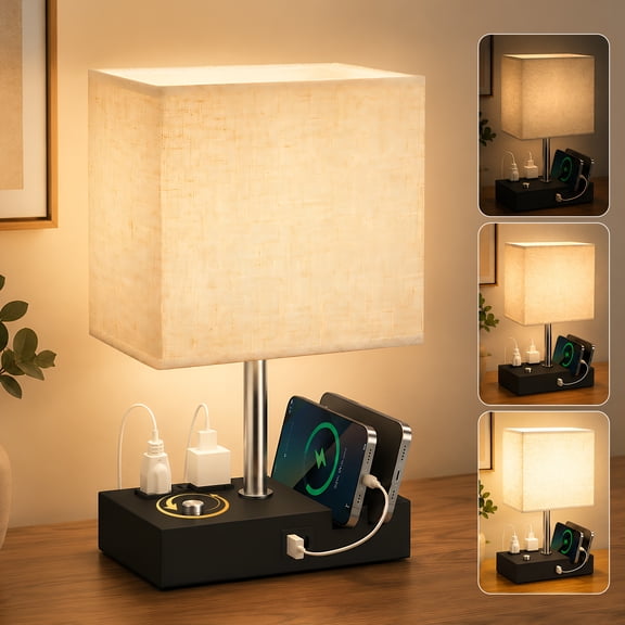 RELOIVE Table Lamp for Bedroom, 15.7" Two Fast USB Charging Ports Touch Desk Lamp for Living Room Dorm Home Office