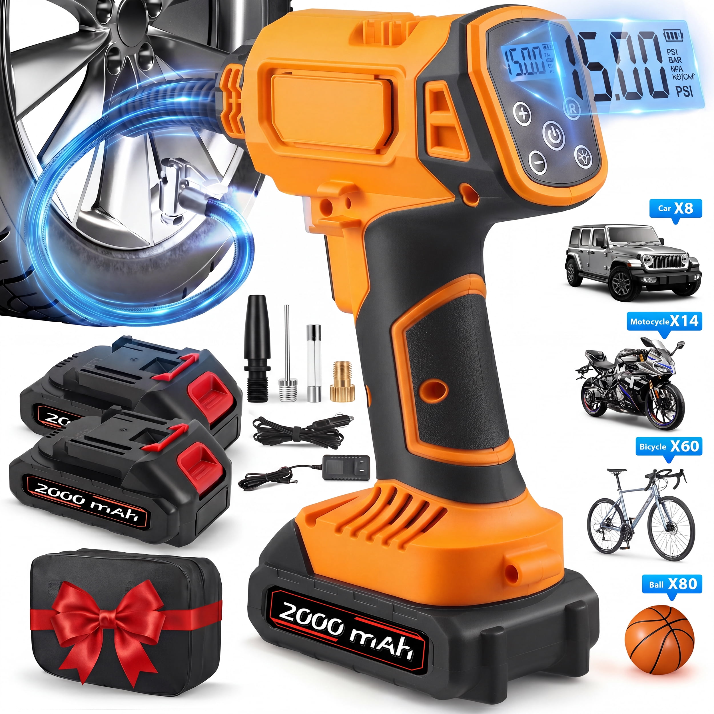 RELOIVE Tire Inflator Portable Air Compressor - 150 Psi Air Pump For Car Tires with Digital Pressure Gauge, LED Light and Auto Shut-Off Function - Cordless Pump for Car, Motorcycle, Bicycle, Balls