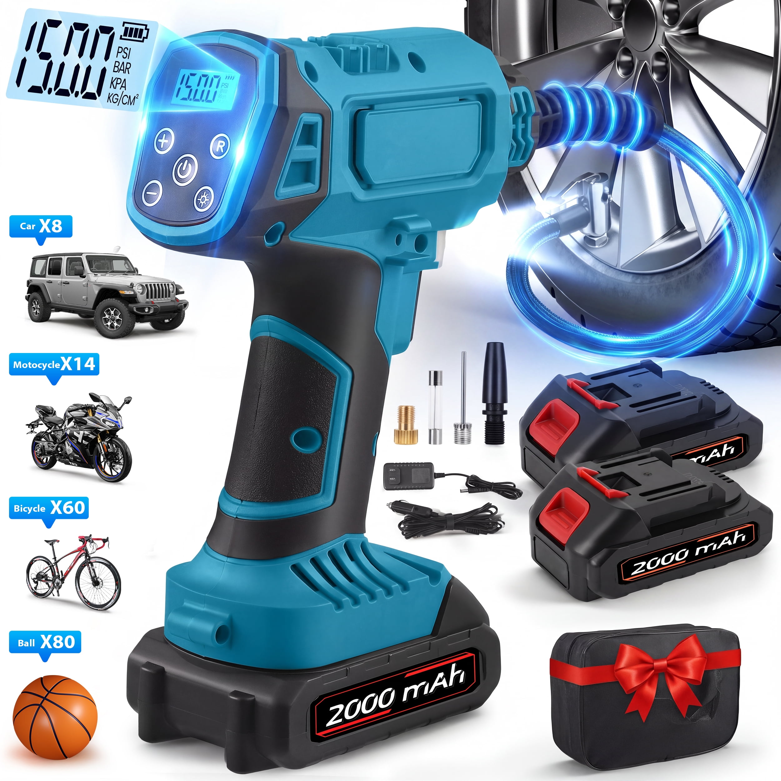 RELOIVE Tire Inflator Portable Air Compressor - 150 Psi Air Pump For Car Tires with Digital Pressure Gauge, LED Light and Auto Shut-Off Function - Cordless Pump for Car, Motorcycle, Bicycle, Balls an