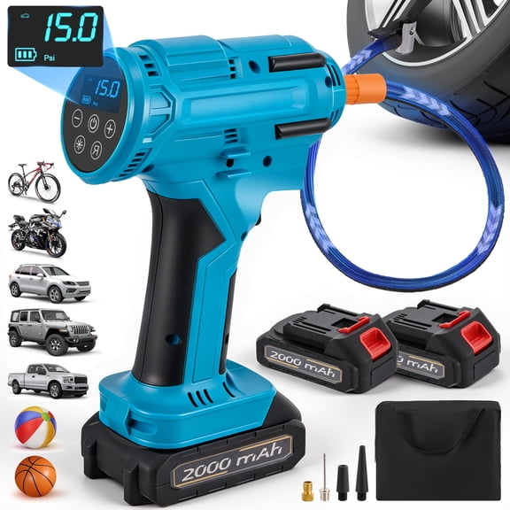 RELOIVE Tire Inflator Portable Air Compressor,150 Psi Air Pump with 2x2000mAh battery,Digital Pressure Gauge, LED Light and Auto Shut-Off Function,Cordless Pump for Car, Motorcycle, Bicycle, Balls