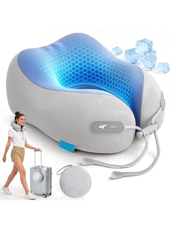 Doulami Travel Pillow,Travel Pillows for Sleeping Airplane,Removable Cover Neck Pillow with Adjustable Clasp,Memory Foam Neck Pillow Set with Eye Mask, Earplugs and Storage Bag,Light Gray