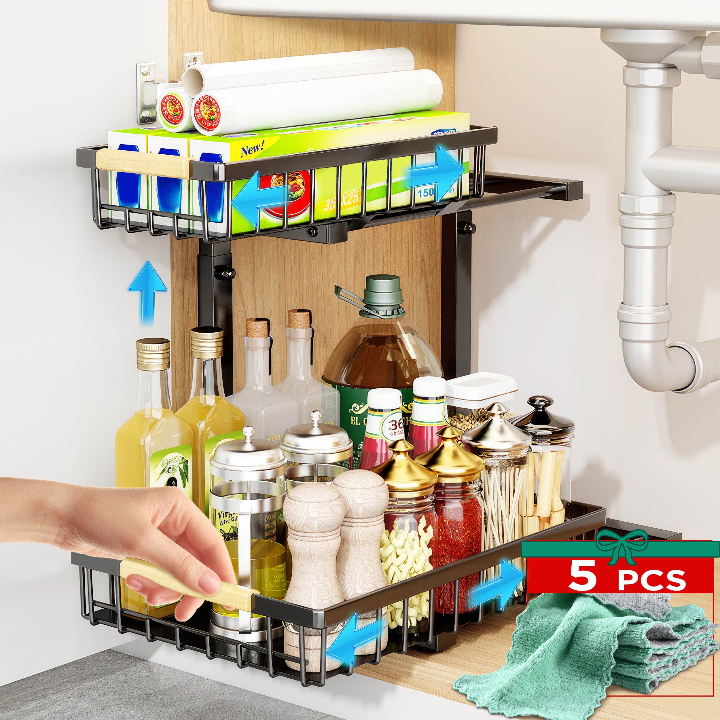 RELOIVE Under Sink Organizer and Storage with 5 Pcs Cleaning cloth, 2 ...