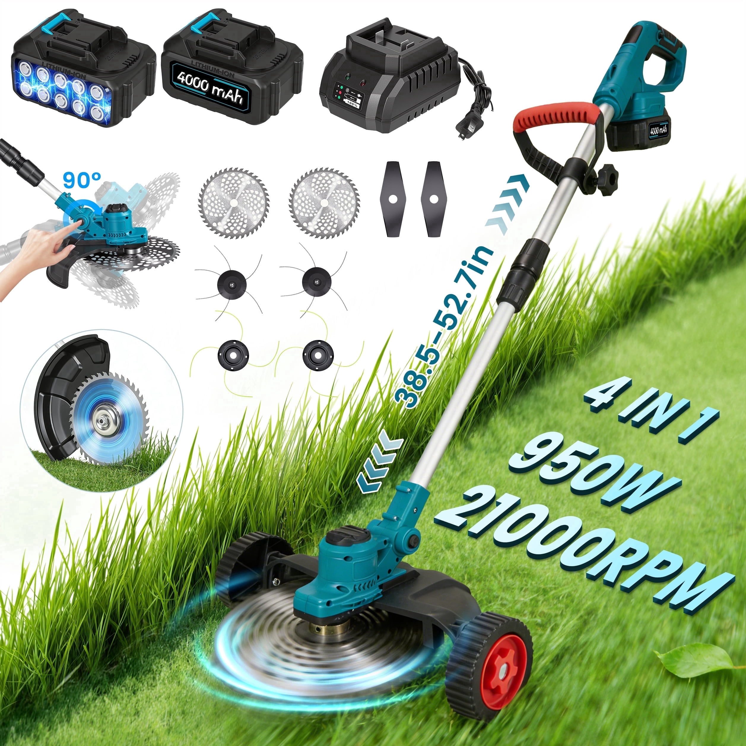 RELOIVE Brushless Weed Eater Cordless with Wheels, 950W 21000RPM Weed Wacker with 2 x 4.0Ah Batteries, 4-in-1 Foldable Electric String Trimmer & Edger for Lawn, Garden, Brush Cutting
