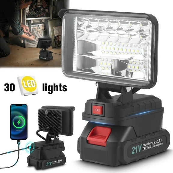 RELOIVE Cordless LED Work Light with 2000mAh Battery,4'' 60W 6000LM Flood Lights with USB A & USB C Output Port, Portable Flashlight for Camping,Outdoors,Job Site