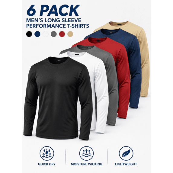 [RELOUST] 6 Pack Men's Dry Fit Long Sleeve T-Shirts, Moisture Wicking ...