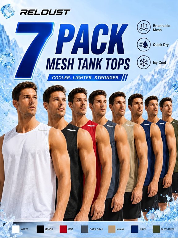 7-pc Men's Loungewear Tank Tops. Breathable mesh vests, quick-dry sleeveless shirts with reflective shoulder strips. Loose fit summer sleepwear for home workout, daily wear. Unique pajamas.