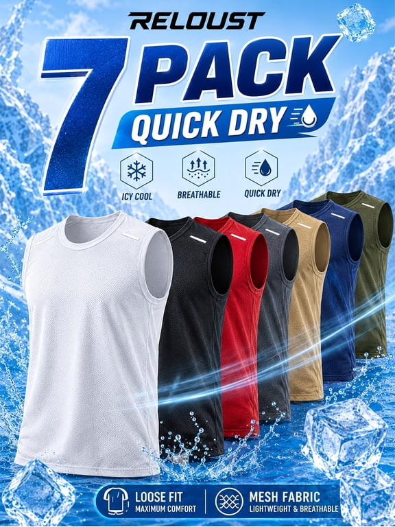 7-pc Men's Mesh Tank Tops. Breathable, quick-dry sleeveless shirts. Loose fit, lightweight loungewear tops with reflective shoulder strips. Multi-color summer vest set for men.