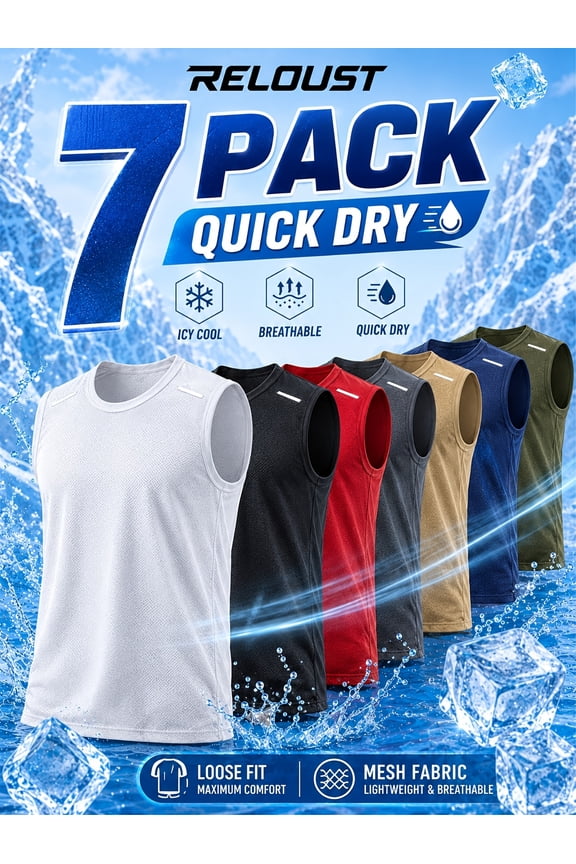 7-pc Men's Mesh Tank Tops. Breathable, quick-dry sleeveless shirts. Loose fit, lightweight loungewear tops with reflective shoulder strips. Multi-color summer vest set for men.
