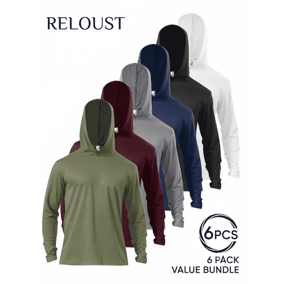RELOUST Men's 6 Pack Long Sleeve Athletic Hooded T-Shirts, Moisture Wicking Breathable Workout Hoodies for Gym Running