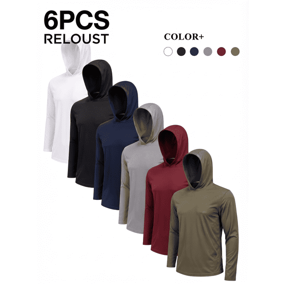 RELOUST Men's Athletic Hoodies 6 Pack Quick Dry Long Sleeve Running Workout Shirts with Hood