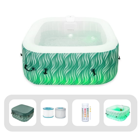 RELXTIME 4-6 Person Inflatable Square  Hot Tub Spa Center with Massage Nozzle, Color Changing Led Lights, Built-in Heating Pump, Green