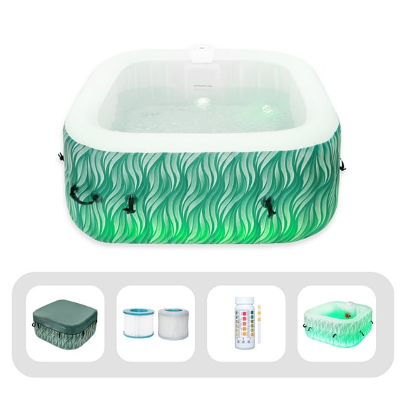 RELXTIME 4-6 Person Inflatable Square Hot Tub Spa, Green, Color Changing LED Lights, Heating Pump