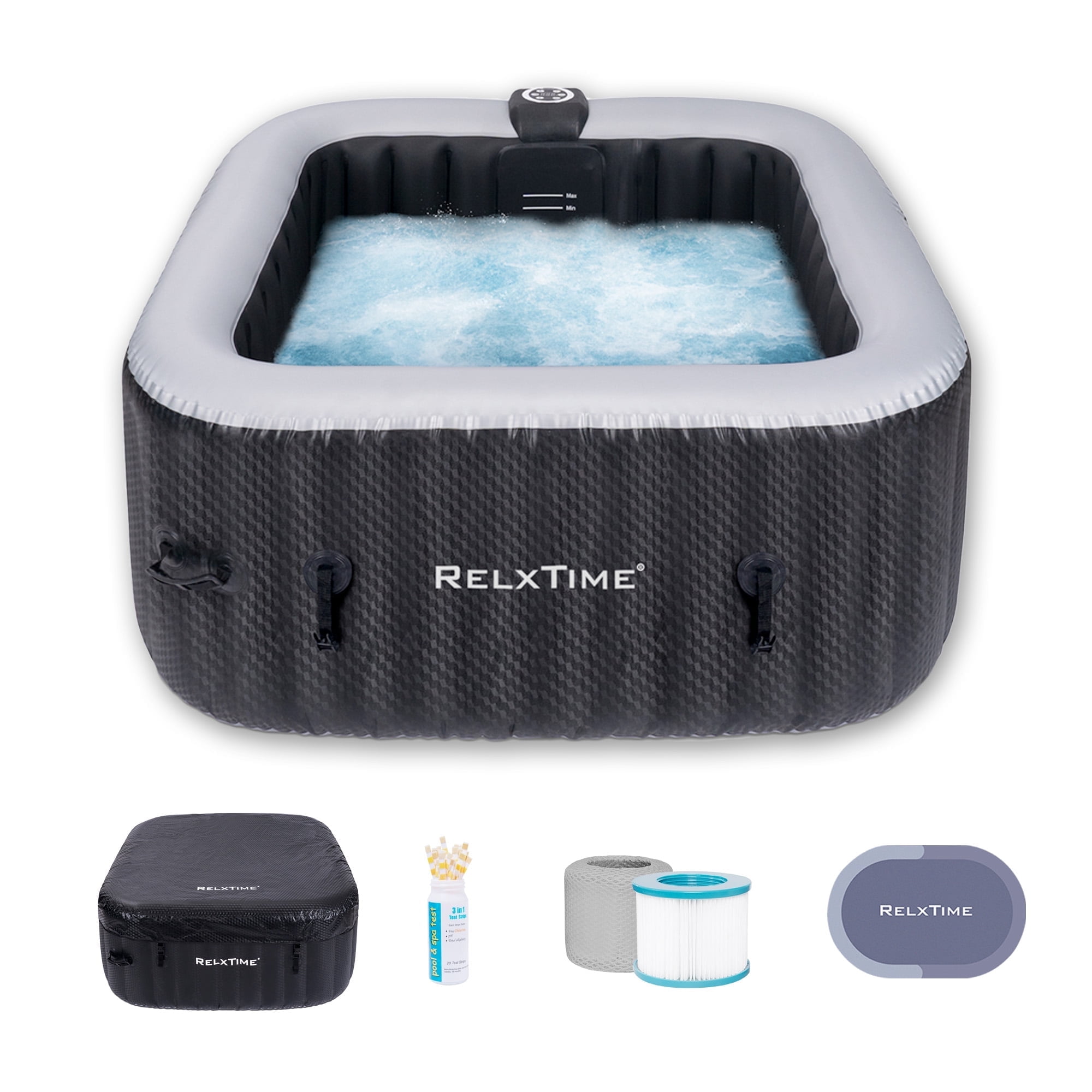 RELXTIME Inflatable Hot Tub Spa Square Portable Outdoor Pool with 110 Massage Jets for 2-3 Person, Black