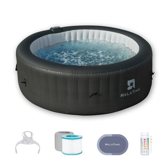 RELXTIME Inflatable Hot Tub 4 to 6 Person, Portable Outdoor Spa, Round Blow Up Hottub with 130 Bubble Air Jets and Built-in Heater Pump, Tub Cover, 2 Fiter Cartridges
