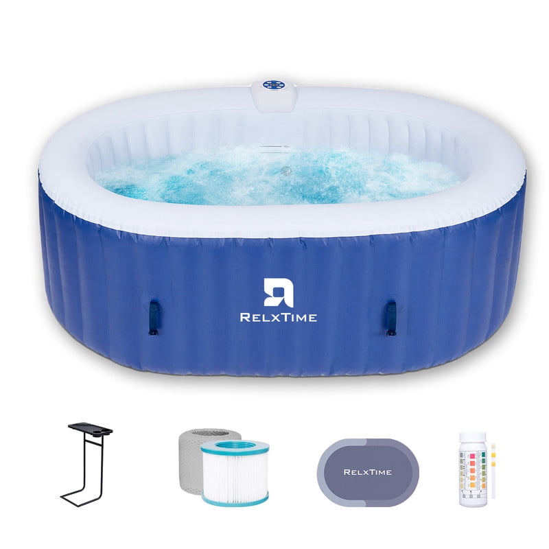 RELXTIME Oval Inflatable Portable Hot Tub 75x47Inch,2 Person Outdoor Spa Blow Up Hottubs with 100 Bubble Jets,Side Table,Blue