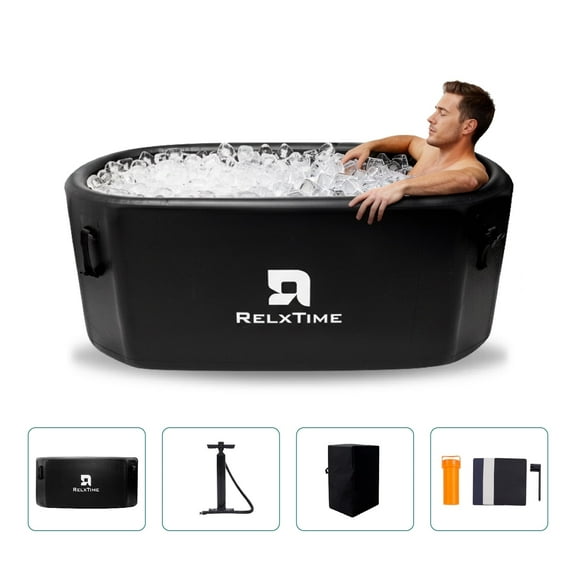 RELXTIME Portable Inflatable Ice Bath Tub - 2-in-1 Oval Cold Plunge Pool with Pump & Storage Bag, Compatible with Chiller, 63x28x27 Inches, Heavy-Duty Brushed PVC for Indoor & Outdoor Use