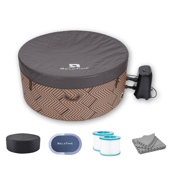 RELXTIME Portable Round Inflatable Hot Tub for 4-6 People: Portable Outdoor Hydrotherapy Pool with 130 Bubble Jets, Heater Pump, and Thermal Cover