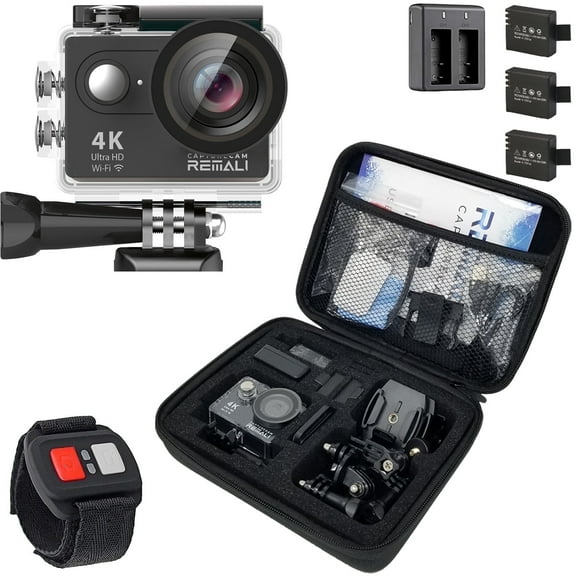 REMALI CaptureCam 4K Ultra HD and 12MP Waterproof Sports Action Camera Kit with Carrying Case, 3 Batteries, Dual Battery Charger, 2 LCD Screen, WiFi, Remote Control, and 21 Mounts and Accessories
