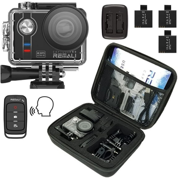 REMALI CapturePro 4K/60fps 20MP Waterproof Sports Action Camera Kit with Carrying Case + 3 Batteries, WiFi, 2" Touch Screen, 8X Zoom, Slow/Fast Motion, Remote/Voice Control, EIS, Distortion Correction