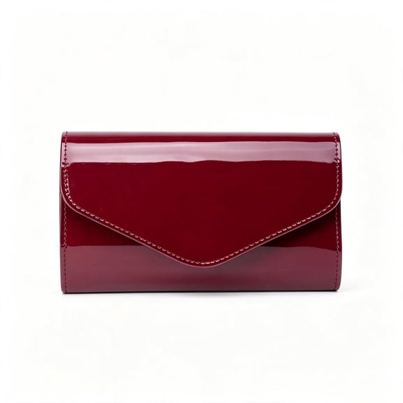 Women's Burgundy Patent Leather Look Clutch Purse Envelope Handbag Elegant Evening Bag for Party Events
