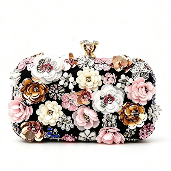 REMANLAND Women's Sequin 3D Flower Evening Clutch with Crossbody Chain, Black