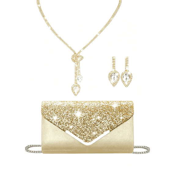 REMANLAND Champagne Gold Glitter Formal Clutch Bag, Matching Teardrop Crystal Necklace Earrings Bracelet Jewelry Set for Wedding Banquet