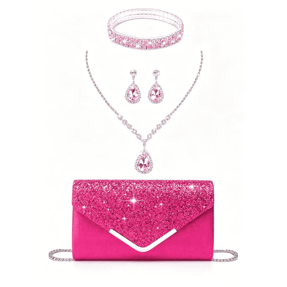 REMANLAND Hot Pink Glitter Evening Clutch Purse, Full Matching Crystal Jewelry Set Necklace Earrings Bracelet for Prom Wedding Cocktail