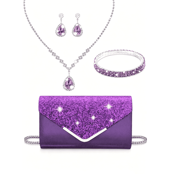 REMANLAND Purple Sparkle Envelope Evening Clutch with Rhinestone Jewelry Set, Matching Drop Earrings Necklace Bangle Women Formal Party Handbag