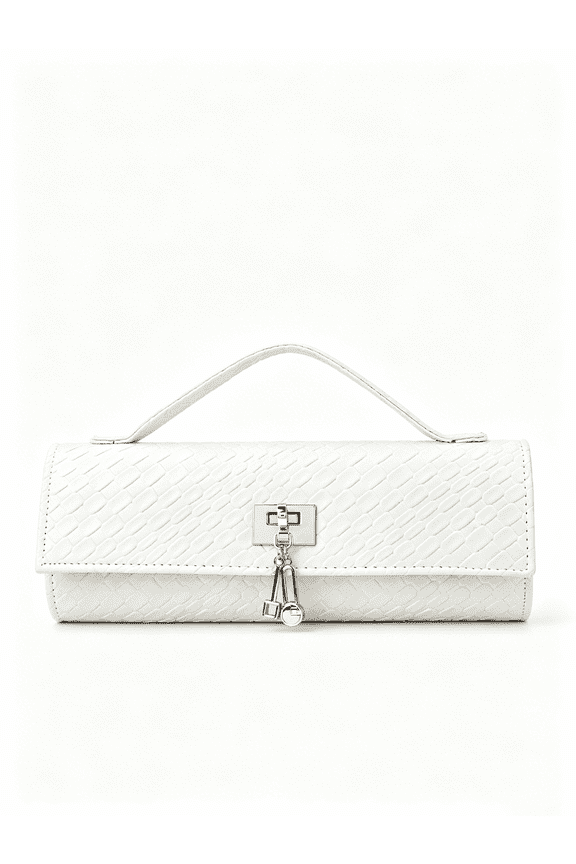 Women's PVC Snake Print Tote Clutch with Detachable Chain Strap, White