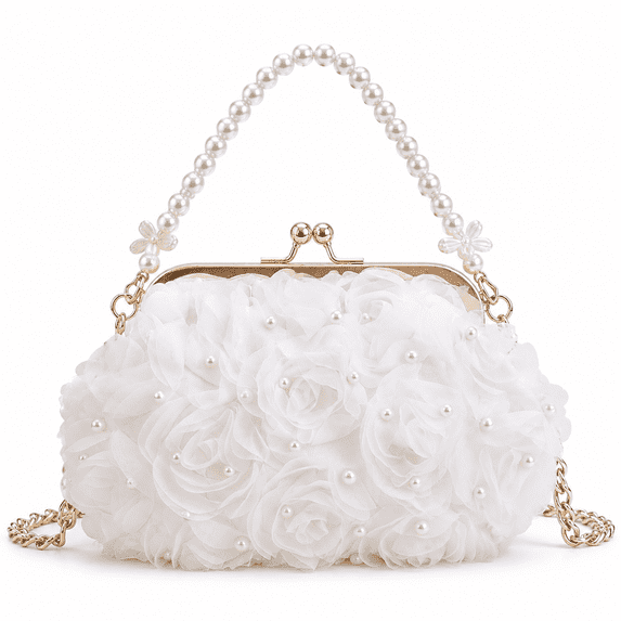 REMANLAND Women's 3D Floral Evening Handbag with Pearl-Style Handle, Frame Clasp and Chain Strap