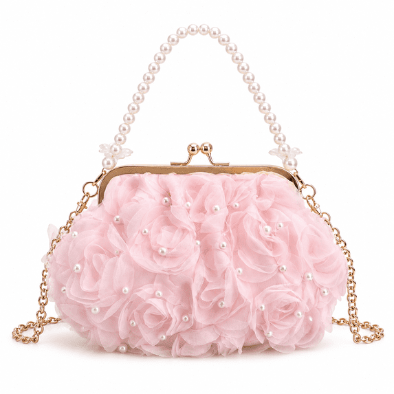 REMANLAND Women's 3D Floral Evening Handbag with Pearl-Style Handle, Frame Clasp and Chain Strap