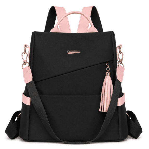 REMANLAND Women's Black and Pink Backpack Purse with Tassel, Top Handle, Detachable Shoulder Strap and Side Pockets
