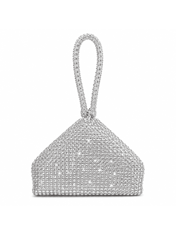 Women's Metallic Bead-Textured Geometric Wristlet Evening Handbag with Integrated Loop Handle, Silver