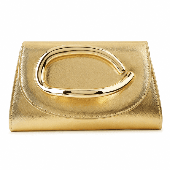 REMANLAND Women's Metallic Evening Handbag with Sculptural Oval Handle and Flap Closure, Gold