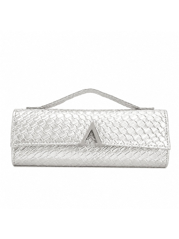Women's Metallic Woven Texture Evening Clutch Purse with Top Handle, Silver