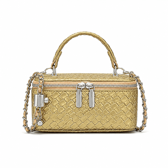REMANLAND Women's Metallic Woven Texture Vanity Case Handbag with Top Handle and Chain Strap, Gold