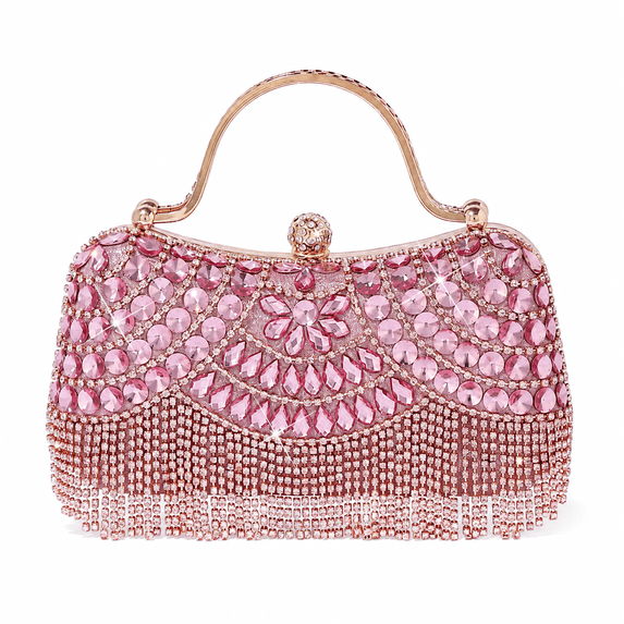 REMANLAND Women's Sparkling Rhinestone Fringe Evening Handbag with Top Handle and Chain Strap, Pink