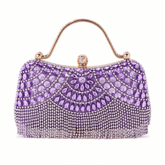 REMANLAND Women's Sparkling Rhinestone Fringe Evening Handbag with Top Handle and Chain Strap, Purple