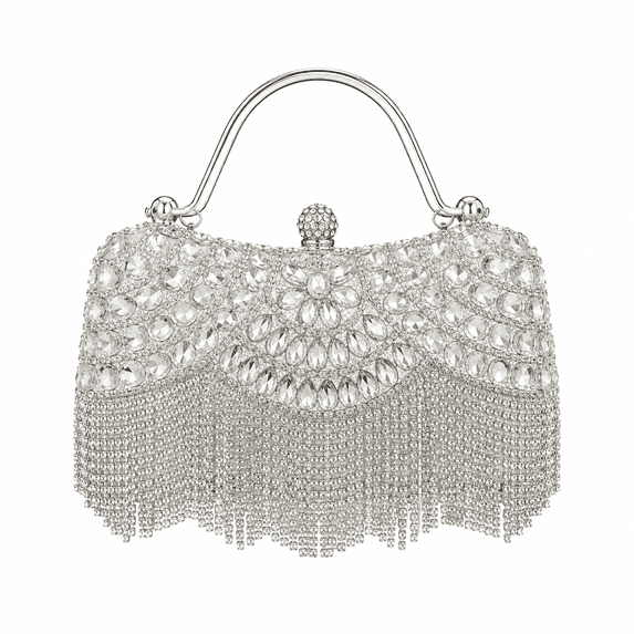 REMANLAND Women's Sparkling Rhinestone Fringe Evening Handbag with Top Handle and Chain Strap, Silver