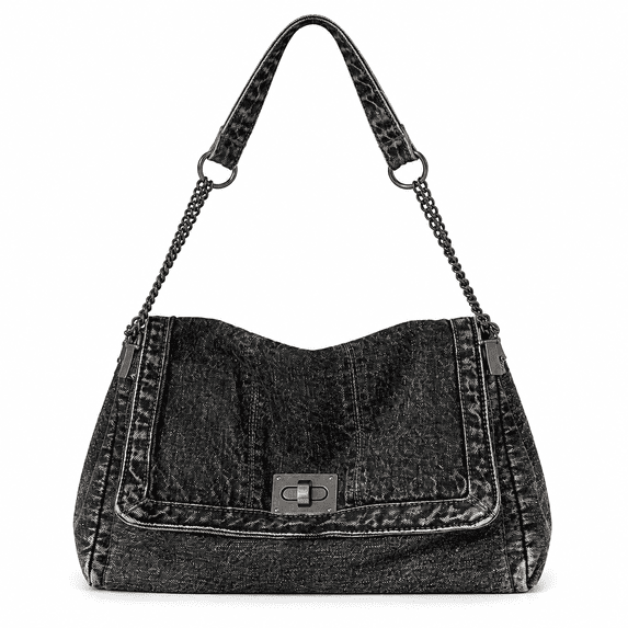 REMANLAND Women's Washed Denim Shoulder Bag with Chain Strap and Turn-Lock Flap, Black