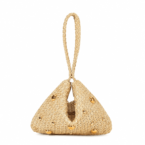 REMANLAND Women's Woven Texture Triangle Wristlet Handbag with Metallic Accents, Beige