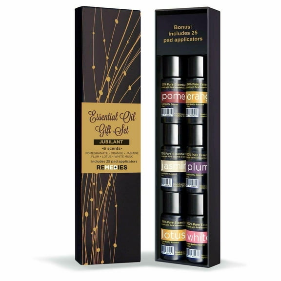 REMEDIES Fragrance Aromatherapy EssentialOil Gift Set for Diffusers, 6 Oil Bottles 15ml Each - Jubilant - Pomegranate, Orange, Jasmine, Plum, Lotus, White Musk