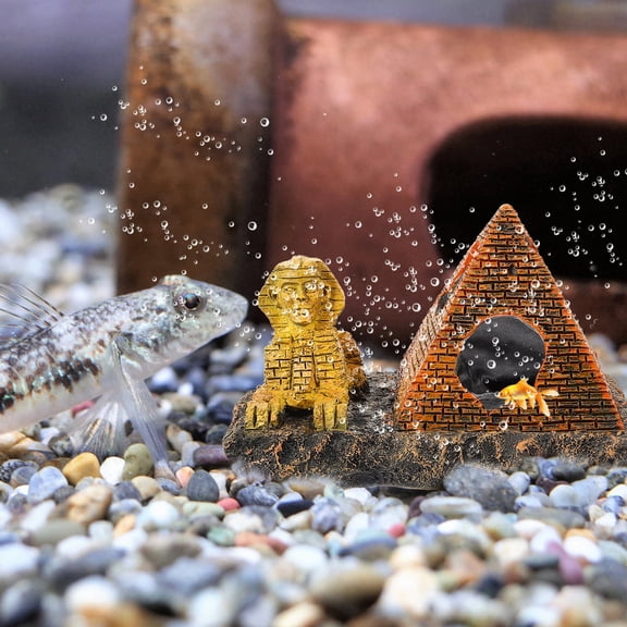 RENACLIPY Brown Resin Egyptian Pyramid Fish Tank Decoration with Lion Statue and Hiding Shelter