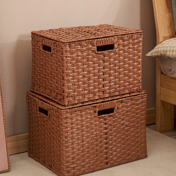 RENACLIPY Brown Rectangular Storage Basket 31x21cm with Simulated Rattan and Iron Frame, Table Organizer for Home Use