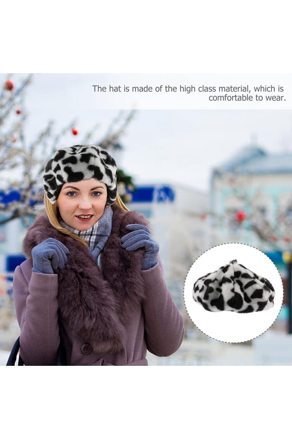 Plush Beret Hat Leopard Print Warm Winter Cap Stylish Vintage Design for Women and Men