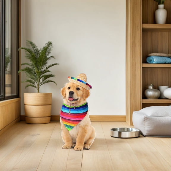 RENACLIPY Pet Mexican Bandana and Hat Set Assorted Color Straw for Fiesta Parties