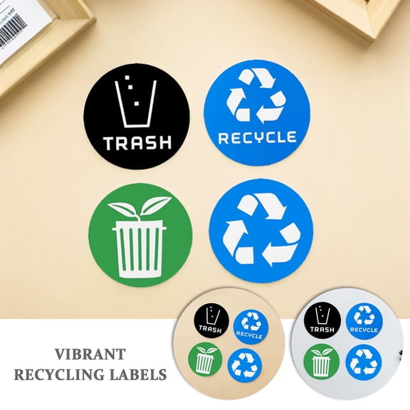 RENACLIPY 24Pcs Recycling Sign Sticker Weather Resistant Vinyl Trash Can Labels for Indoor and Outdoor Use